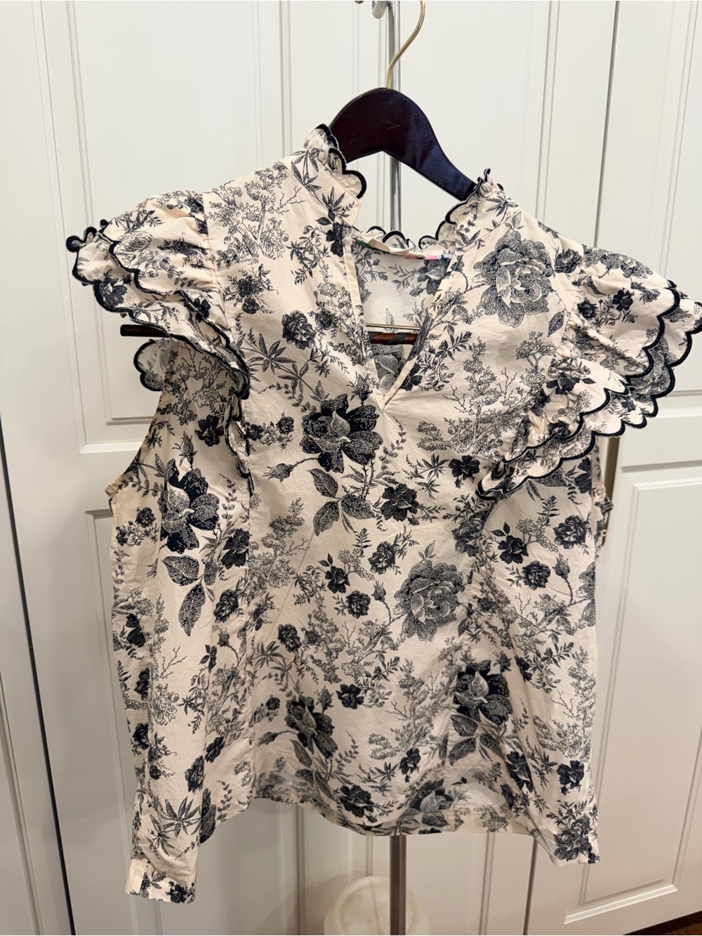 Umgee Cream Blouse with Black Floral Print and Ruffle Sleeves